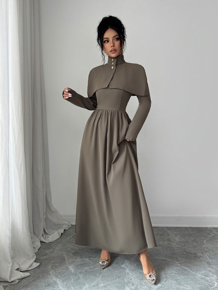 Modelyn Solid Button Front Flare Hem Dress With Cape Office Dinner Taupe Fall Elegant Modest - Brown - View 5