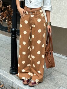 Rivivi Women's Polka Dot Pattern Pocket Wide Leg Loose Casual Vintage Denim Jeans Everyday Brown Polka Dot Fall - Brown - View 7