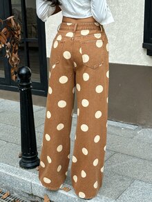 Rivivi Women's Polka Dot Pattern Pocket Wide Leg Loose Casual Vintage Denim Jeans Everyday Brown Polka Dot Fall - Brown - View 2
