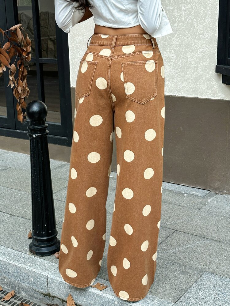 Rivivi Women's Polka Dot Pattern Pocket Wide Leg Loose Casual Denim Jeans - Brown - View 2