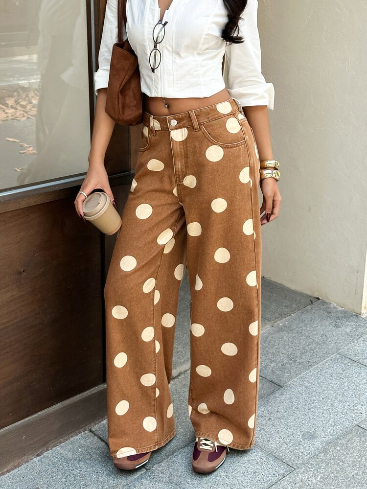 Rivivi Women's Polka Dot Pattern Pocket Wide Leg Loose Casual Denim Jeans - Brown - View 4