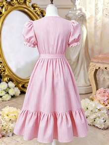 SHEIN Teen Girl Ruched Ruffle Pastel Pink Square Neck Puff Sleeve Mini Dress, Summer Elegant Party French Style Layered Skirt With Cinched Tie Waist - Pink - View 3