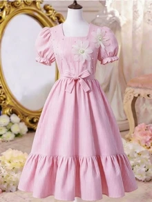 SHEIN Teen Girl Ruched Ruffle Pastel Pink Square Neck Puff Sleeve Mini Dress, Summer Elegant Party French Style Layered Skirt With Cinched Tie Waist - Pink - View 4