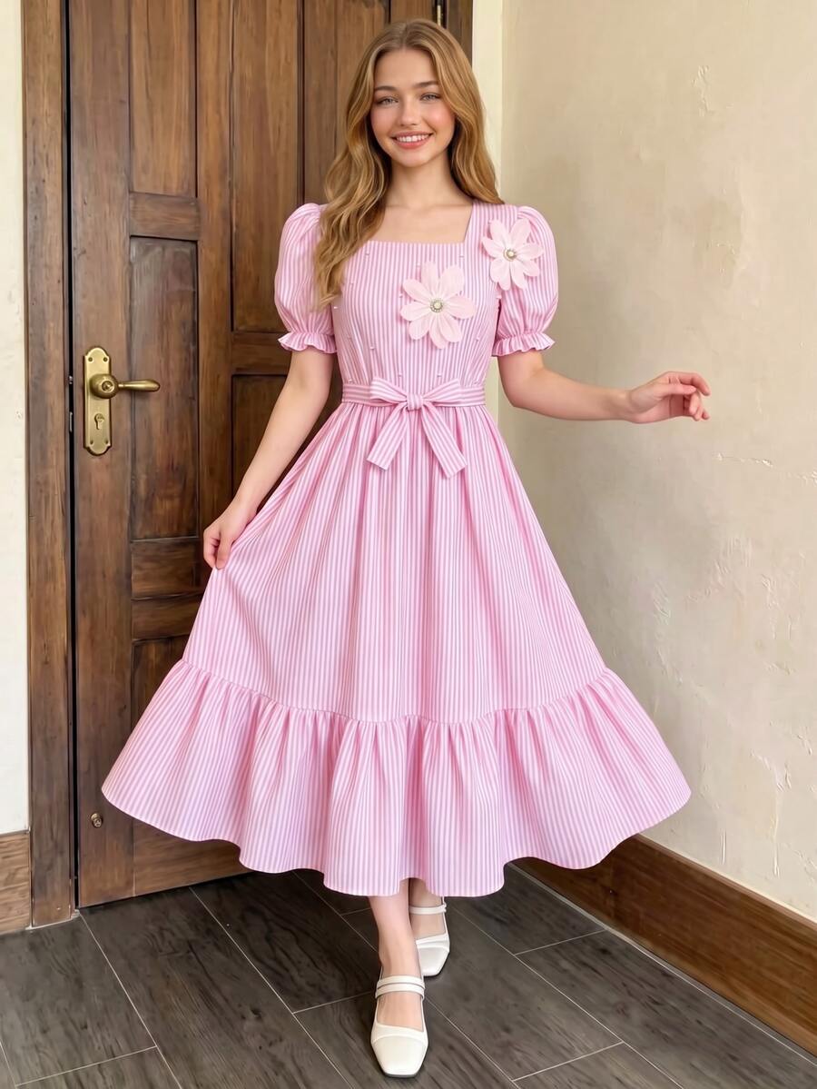 SHEIN Teen Girl Ruched Ruffle Pastel Pink Square Neck Puff Sleeve Mini Dress, Summer Elegant Party French Style Layered Skirt With Cinched Tie Waist