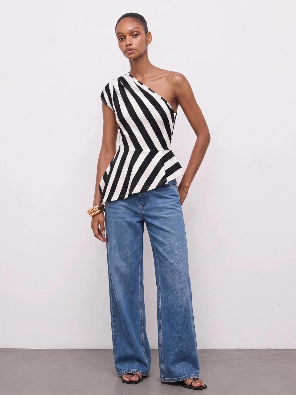 SHEIN Maija Black And White Striped Asymmetrical Shoulder Women's Top, Short Sleeve, Waist-Cinching, Slim Fit, Urban Modern Casual Minimalist, Autumn/Winter