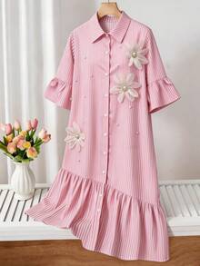 SHEIN Teen GirlPink Vertical Striped Shirt Mini Dress, 3D Floral Decor, Flare Sleeve Ruffle Hem Loose A-Line Mid-Length Dress, Relaxed Flattering Fit Beach - Pink - View 4
