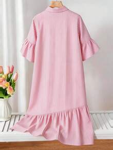 SHEIN Teen GirlPink Vertical Striped Shirt Mini Dress, 3D Floral Decor, Flare Sleeve Ruffle Hem Loose A-Line Mid-Length Dress, Relaxed Flattering Fit Beach - Pink - View 2