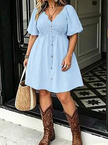 LanaWest CURVE Plus Size Spring/Summer Vacation Lace Patchwork Dress - Blue - View 1