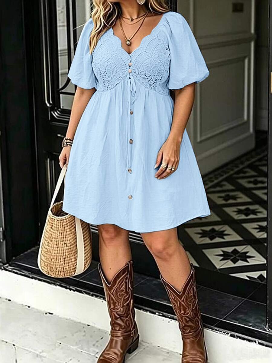 LanaWest CURVE Plus Size Spring/Summer Vacation Lace Patchwork Dress - Blue - View 1