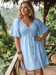 LanaWest CURVE Plus Size Spring/Summer Vacation Lace Patchwork Dress - Blue - View 4