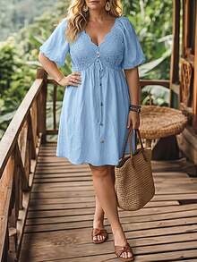 LanaWest CURVE Plus Size Spring/Summer Vacation Lace Patchwork Dress - Blue - View 5