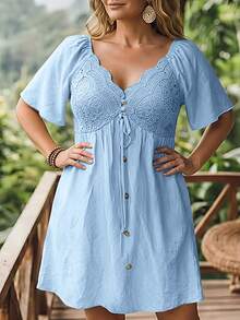 LanaWest CURVE Plus Size Spring/Summer Vacation Lace Patchwork Dress - Blue - View 3