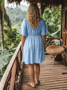 LanaWest CURVE Plus Size Spring/Summer Vacation Lace Patchwork Dress - Blue - View 2
