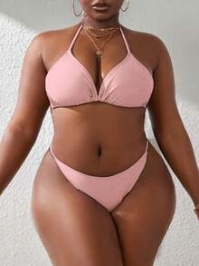 Slaydiva 4pcs Plus Size Women Pink Solid Halter Triangle Cup Tankini Set With Long Sleeve Drawstring Skirt,Summer Elegant Beach Holiday Holiday Swimwear - Baby Pink - View 3