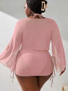 Slaydiva 4pcs Plus Size Women Pink Solid Halter Triangle Cup Tankini Set With Long Sleeve Drawstring Skirt,Summer Elegant Beach Holiday Holiday Swimwear - Baby Pink - View 2