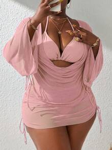 Slaydiva 4pcs Plus Size Women Pink Solid Halter Triangle Cup Tankini Set With Long Sleeve Drawstring Skirt,Summer Elegant Beach Holiday Holiday Swimwear - Baby Pink - View 1