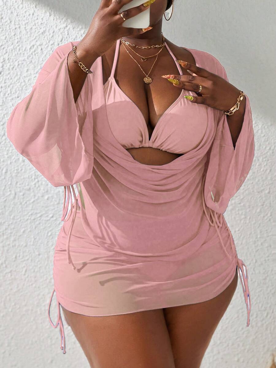 Slaydiva 4pcs Plus Size Women Pink Solid Halter Triangle Cup Tankini Set With Long Sleeve Drawstring Skirt,Summer Elegant Beach Holiday Holiday Swimwear - Baby Pink - View 1