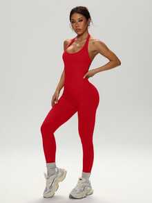SHEIN Velisys 2pcs Solid Color Halter Neck Jumpsuit And Romper Sports Set - Multicolor - View 5