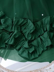 SHEIN Sparklyn Tween Girls Elegant Fashion Ruffle Trim Pearl Decor Mesh Girls Mini Dress, Graduation, Outfit - Dark Green - View 3