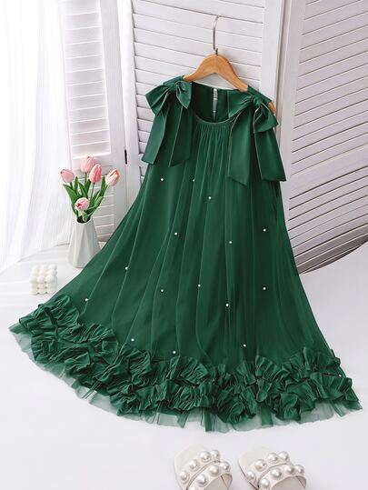 SHEIN فستان بناتي أنيق مزين بالكشكشة والخرز والشبك