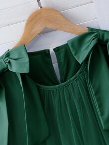 SHEIN Sparklyn Tween Girls Elegant Fashion Ruffle Trim Pearl Decor Mesh Girls Mini Dress, Graduation, Outfit - Dark Green - View 5