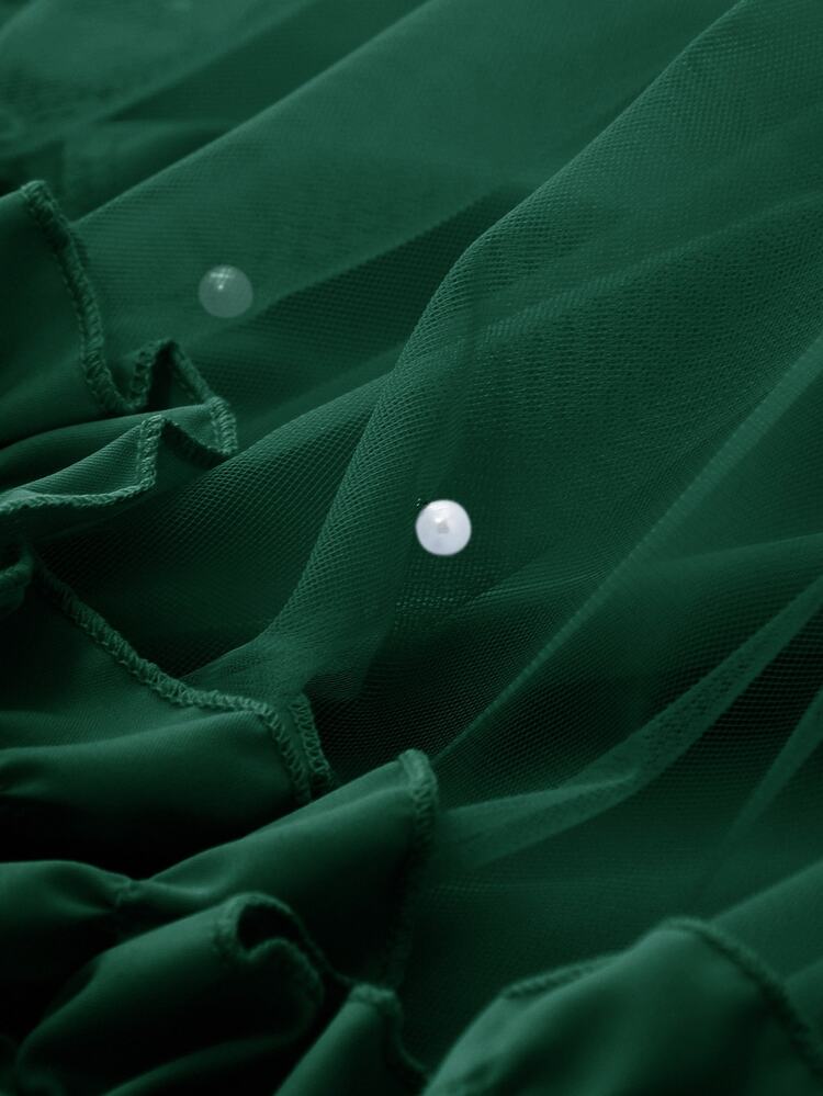 SHEIN Sparklyn 优雅时尚荷叶边珍珠装饰网眼女童连衣裙 - 墨綠色 - 查看 6
