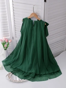 SHEIN Sparklyn Tween Girls Elegant Fashion Ruffle Trim Pearl Decor Mesh Girls Mini Dress, Graduation, Outfit - Dark Green - View 2