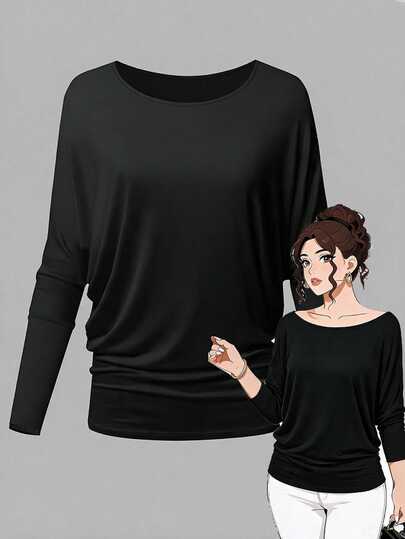EMERY ROSE Große Größen minimalistisches elegantes schwarzes T-Shirt mit Fledermausärmeln, langen Ärmeln, geraffter Taille und rundem Ausschnitt für den Herbst