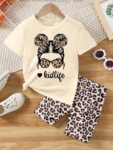 Spring And Summer Girls Toddler Casual Chic Leopard Bow Pigtail Print Short Sleeve T-Shirt And Bike Shorts 2-Piece Set, Comfortable Daily Outfit - Multicolor - View 3