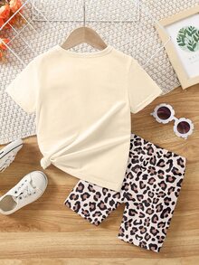 Spring And Summer Girls Toddler Casual Chic Leopard Bow Pigtail Print Short Sleeve T-Shirt And Bike Shorts 2-Piece Set, Comfortable Daily Outfit - Multicolor - View 2