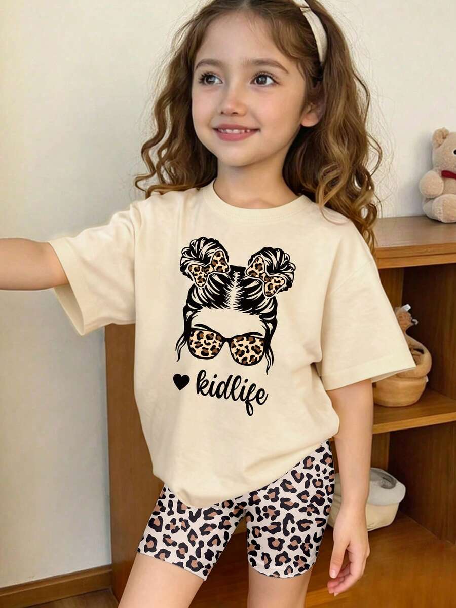 Spring And Summer Girls Toddler Casual Chic Leopard Bow Pigtail Print Short Sleeve T-Shirt And Bike Shorts 2-Piece Set, Comfortable Daily Outfit - Multicolor - View 1