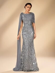 Serin Elegant Classy Luxurious Embroidered Sequin Lace Patchwork Chiffon Ruched Flutter Sleeve Mermaid Skirt, Suitable For Wedding Dinner Formal Party Grey - Grey - View 4