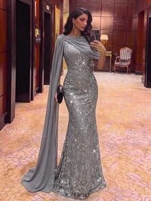 Serin Elegant Classy Luxurious Embroidered Sequin Lace Patchwork Chiffon Ruched Flutter Sleeve Mermaid Skirt, Suitable For Wedding Dinner Formal Party Grey - Grey - View 2