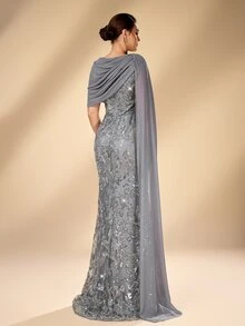 Serin Elegant Classy Luxurious Embroidered Sequin Lace Patchwork Chiffon Ruched Flutter Sleeve Mermaid Skirt, Suitable For Wedding Dinner Formal Party Grey - Grey - View 3