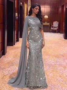 Serin Elegant Classy Luxurious Embroidered Sequin Lace Patchwork Chiffon Ruched Flutter Sleeve Mermaid Skirt, Suitable For Wedding Dinner Formal Party Grey - Grey - View 5