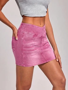 SHEIN Essnce 女款休閒性感百搭日常穿著牛仔裙 外出夜生活 粉色夏季 - 粉色 - 查看 4