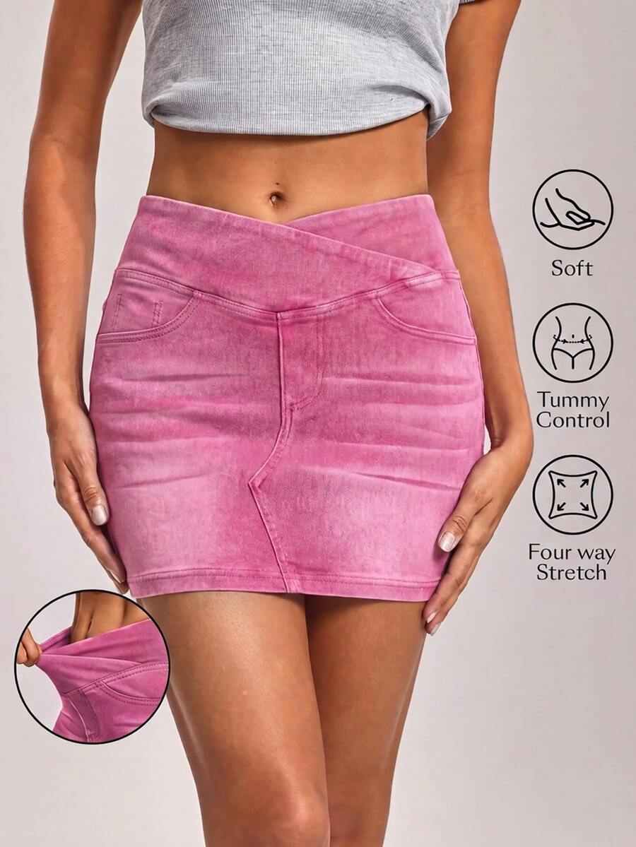 SHEIN Essnce 女款休閒性感百搭日常穿著牛仔裙 外出夜生活 粉色夏季 - 粉色 - 查看 1