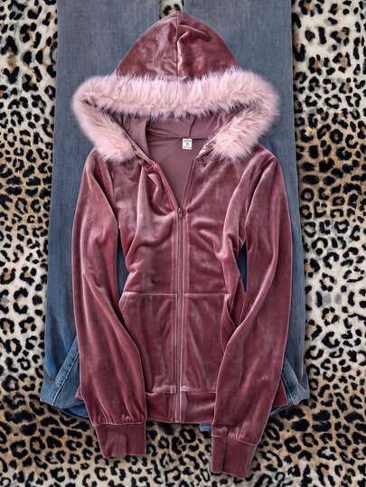 SHEIN Jaket Remaja Perempuan Model Sweatshirt Musim Gugur/Dingin Warna Pink Velvet dengan Kerah Bulu Imitasi dan Tudung, Potongan Slim Fit