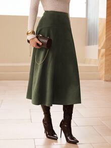 NOVVYNE Solid Color Faux Suede Flared Elegant Long Fall Skirt For Women - Army Green - View 5