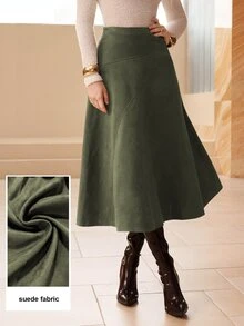 NOVVYNE Solid Color Faux Suede Flared Elegant Long Fall Skirt For Women - Army Green - View 9