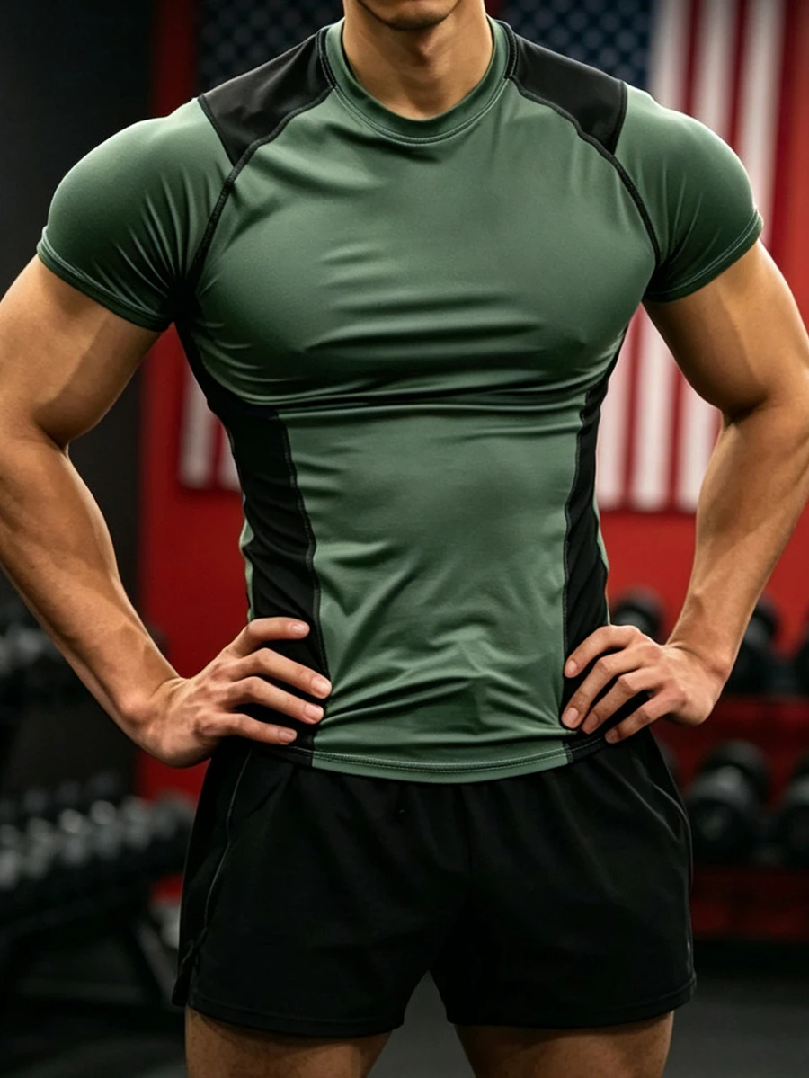 GymBeat 男士拼色拼接短袖運動T恤,健身房穿搭 - 墨綠色 - 查看 1