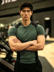 GymBeat 男士拼色拼接短袖運動T恤，健身房穿搭 - 墨綠色 - 查看 5