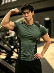 GymBeat 男士拼色拼接短袖運動T恤，健身房穿搭 - 墨綠色 - 查看 4