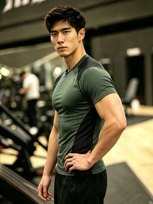 GymBeat 男士拼色拼接短袖運動T恤，健身房穿搭 - 墨綠色 - 查看 3