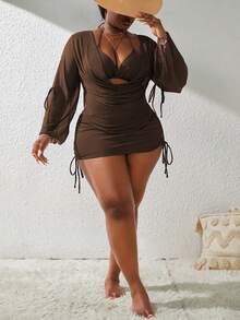 Slaydiva Plus Size Women's Solid Color Summer Vacation Halter Bikini Set With Coverup - Brown - View 4