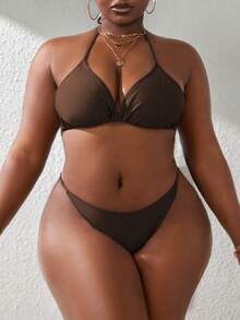 Slaydiva Plus Size Women's Solid Color Summer Vacation Halter Bikini Set With Coverup - Brown - View 3