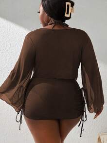 Slaydiva Plus Size Women's Solid Color Summer Vacation Halter Bikini Set With Coverup - Brown - View 2