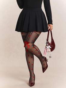 CovetEZ Plus Size Red Bow Decor & Heart Print Leggings - Red - View 1