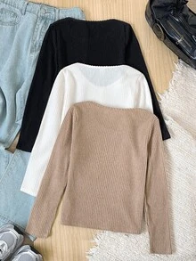 SHEIN 3PCS Tween Girls T-Shirts,Fall,Autumn,Winter,All-Match Kids School Knitted Turtleneck Casual Slim Textured Ribbed Fitted Base Layer Top,Versatile - Multicolor - View 5