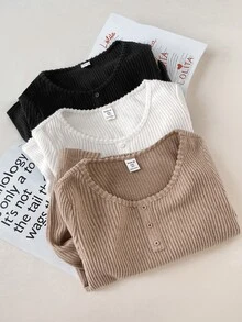 SHEIN 3PCS Tween Girls T-Shirts,Fall,Autumn,Winter,All-Match Kids School Knitted Turtleneck Casual Slim Textured Ribbed Fitted Base Layer Top,Versatile - Multicolor - View 4